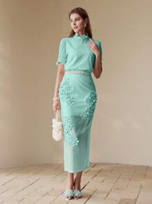 PREMIUM 花卉拼布开衩下摆短裙 - 藍色 - 查看 5