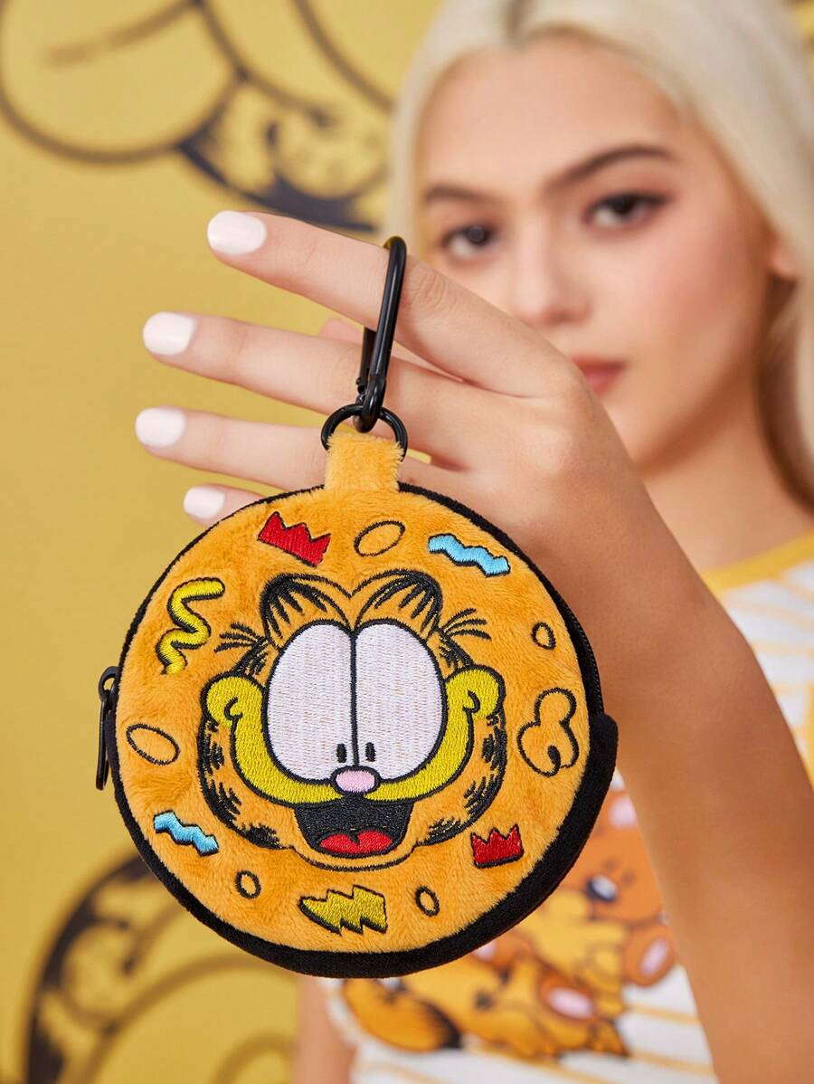 GARFIELD | SHEIN 卡通猫刺绣圆形零钱包，毛绒材质，可挂当钥匙扣 - 黃色 - 查看 1