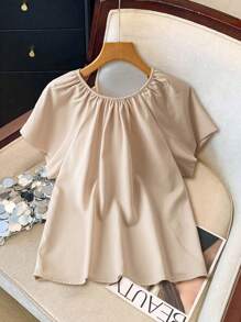 SHEIN Clasi Women's Casual Apricot Ruched Round Neck Short Sleeve Blouse - Apricot - View 1