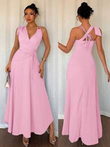SHEIN Unity Women Elegant Asymmetric Knot Pleated Asymmetrical Hem Cami Dress - Pink - View 6