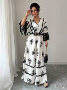 Chiquease Women's Printed Contrast Color Lace Hem Maxi Dress, Casual & Stylish, Suitable For Daily Wear, Boho Style, Vacation, Fringe, Music Festival