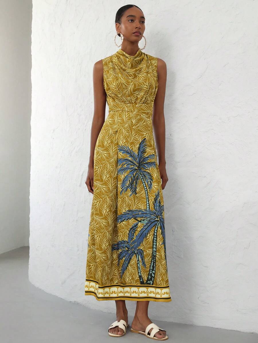 Aveloria Modichic 优雅成熟度假撞色棕榈树和花卉印花 V 领收腰无袖女式长裙 - 黃色 - 查看 1