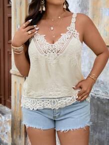 SHEIN VCAY 大码女式撞色蕾丝吊带背心 - 淺粉色 - 查看 5