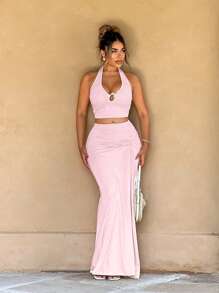 Sirith Women V-Neck Sleeveless Top With Side Ruched Design + Solid Color Bodycon Skirt 2 Pieces Set - Baby Pink - View 3