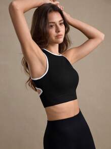 SHEIN Sports Women's Sleeveless Crop Top: Black And White Contrast Trim, Round Neck, Ribbed Fabric Cut Out Detail Athletic Tank Top - Black and White - View 6