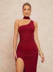 Lumalex Burgundy Summer Elegant Dinner Dress,Women's Satin Extra Long Solid Color Oblique Shoulder Asymmetrical Simple Wedding Banquet Party Seaside Gown - Burgundy - View 7