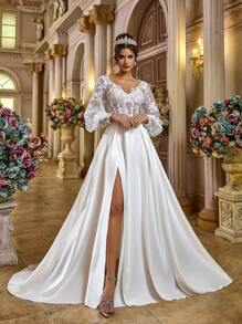 SHEIN Belle Elegant Romantic White Mesh Embroidered V Neck Lantern Sleeve Fishtail Decorative Collar Wide Hem High Slit Open Back Tie Bridal Wedding Gown, For Bride - White - View 4