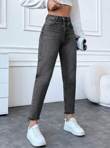 SHEIN Cottnline سروال جينز نسائي من القطن 100% مهترئ مع حافة متشققة - رمادي - مشاهدة 5
