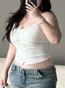 Dazy Plus 蕾丝拼贴无袖上衣和吊带背心 - 白色 - 查看 3