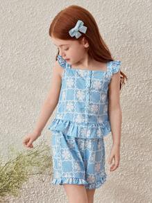 Blossori Young Girls Elegant French Style Blue Floral & Geometric Print Top And Shorts Set, Spring/Summer - Blue - View 3