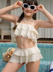 Tween Girls 2 Pieces Bikini Set, Jacquard White Fabric With Ruffle, Fashionable Casual Elegant Graceful For Swimming, Vacation, Summer, Sweet Style, Solid Light Beige Tween Girl Summer Clothes Tween Summer Clothes Girls Toddler Girl Bathing Suits Summer Holiday - White - View 1