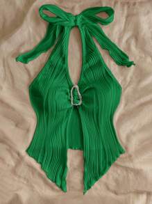 Soleia Casual Halter Tie-Up Metal Buckle Fitted Asymmetrical Hem Sleeveless Tank Top