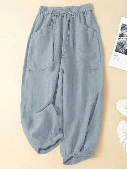 Linhara Pantalones informales de talla grande unicolor con doble bolsillo y cordón