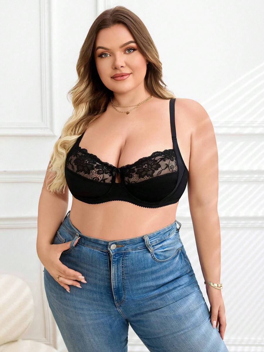 SHEIN 1 件大码蕾丝拼接软杯文胸 - 黑色 - 查看 1