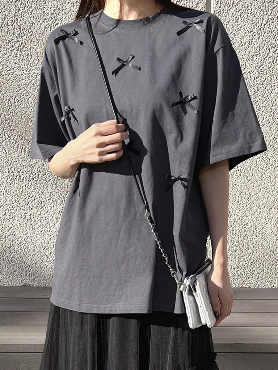 FRIFUL Women's Casual Grey Knitted Long T-Shirt With Round Neck, Short Sleeves, And Contrast Mesh Bow Details - Grey - View 1