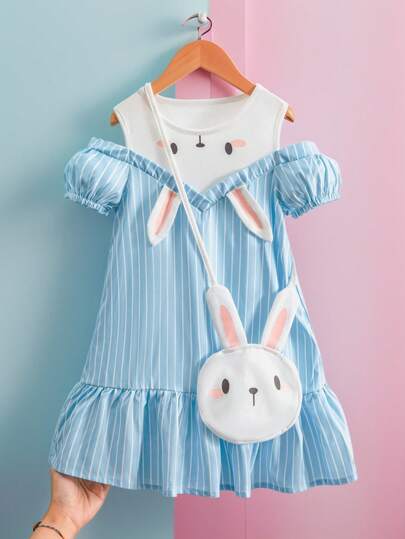 SHEIN Persoplay Kids Young Girl Contrast Color Patchwork Cartoon Print Striped Open Shoulder Dress