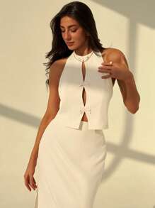 Aloruh Women's Bow Decor Backless Halter Top And Skirt 2pcs Set - Apricot - View 5