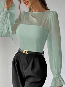 Firerie Women's White Ruffle Long Sleeve Sheer Blouse,See Through Top - Mint Green - View 6