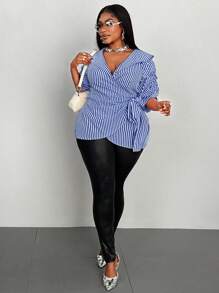Maweii Plus Size Summer Fashionable Striped Tie-Front Wrap Shirt