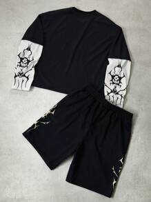 Manfinity Streetrush Men's Hand Scribble Letter Graphic Two-Piece Contrast Color T-Shirt Set