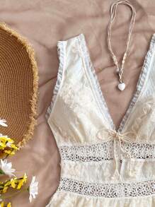 Soleia Dress For Women,Summer Dresses For Women,Western Wear Women,Graduation Dress,Boho,Floral Dress Women,Concert Outfit Women,Graduation Dress,Rave Outfits Festival,Cruise Attire Women,Birthday Dresses For Women,Easter Dress Women,Vacation Romantic Floral Lace Patchwork V-Neck Bowknot Front Waist Ruffle Hem Mini Dress For Women