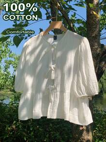 Comfortcana Blusa casual de mujer talla grande con nudo delantero y volantes en el bajo, para verano y vacaciones - Blanco - Ver 1