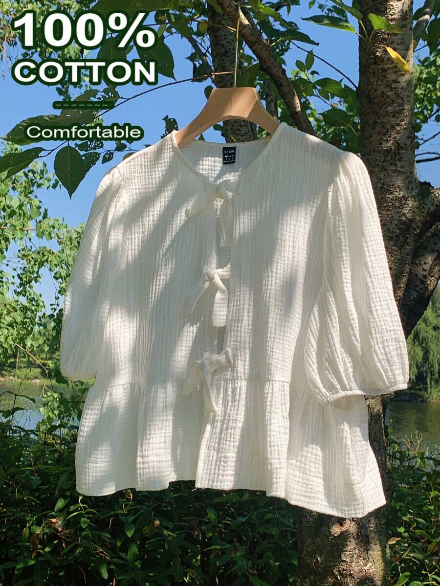 Comfortcana Blusa casual de mujer talla grande con nudo delantero y volantes en el bajo, para verano y vacaciones - Blanco - Ver 1