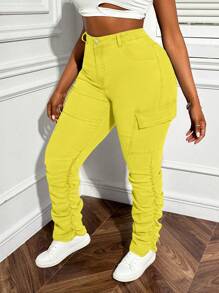 Slaydiva Celana Jeans Kasual Stretch Wanita Ukuran Plus dengan Kantong Kargo dan Elemen Desain - Kuning - View 7
