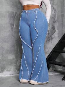 SHEIN SXY Plus Size Women's High Waist Stretch Frayed Hem Flare Jeans - Light Wash - View 8