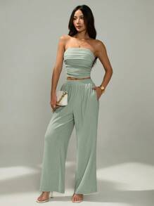 SHEIN PETITE 女士 2 件套夏季休闲纯色褶饰抹胸上衣和长裤 - 綠色 - 查看 5