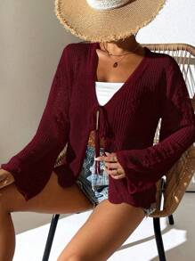 Breezaya Áo len cardigan dài tay đơn sắc khoét lỗ phía trước cho nữ - Màu Đỏ Sâu - Xem 4