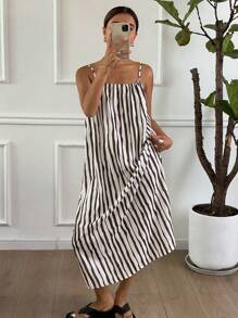 Women's Striped Loose Casual Versatile Midi Slip Dress - Brown - View 5