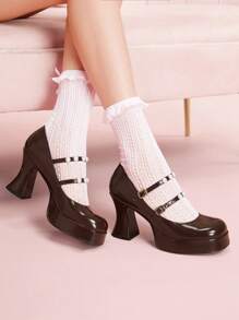 CUCCOO DOLLMOD Women's Black High Heel Platform Mary Jane Shoes, Lolita Style, Cute Increase Height Footwear