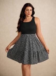 Elaquor Plus Size Boho Summer Square Neck Patchwork Ditsy Floral Sleeveless Dress,Beach Dress Sundress,Holiday Outfits