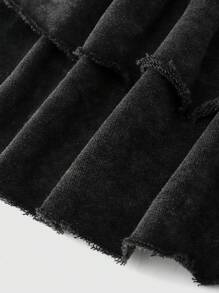 ROMWE Grunge Punk 节日时尚水洗卫衣面料荷叶边下摆低腰女式韩流迷你裙 - 黑色 - 查看 4