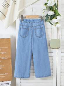SHEIN Young Girl Y2K Vintage Blue Denim Bow Decor Loose Wide Leg Pants, Girl Fall Denim Jeans,Fall Back To School Cute - Baby Blue - View 2