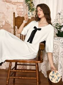 Côtesoire 奢华优雅 3D 花卉蕾丝边宽松女式睡裙 - 白色 - 查看 4