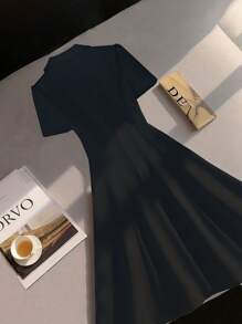 Franclia Women's Solid Color Turndown Collar Bell Hem Mini Dress - Black - View 2