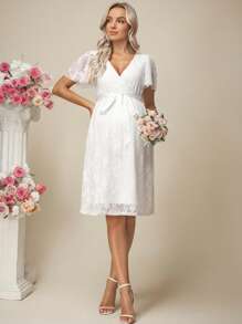 SHEIN Maternity Lace Splicing Ruffle Sleeve Elegant Dress Wedding Dress  Maternity Dress Baby Shower Maternity Wedding Guest Dress Elegant - White - View 3