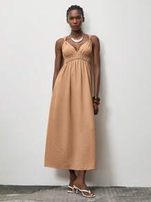 Lumivelle Summer Casual Solid Color V-Neck Ruched Dress - Brown - View 5