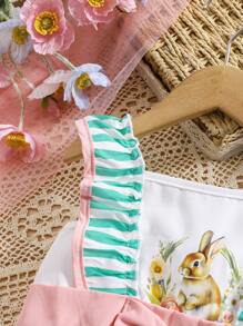 SHEIN Robe de style campagnard à col rond avec volants, imprimé lapin de Pâques mignon et floral pour jeune fille. Style doux de type Europe Amérique