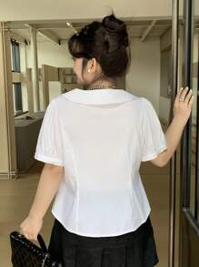 Dazy Plus Plus Size Peter Pan Collar Tie Waist Short Sleeve White Blouse - White - View 2