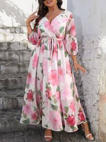 SHEIN Clasi Plus Size Women China Style Flowy White Dress,Autumn Elegant Tea Party Holiday Casual Loose Maxi Gown Suitable For Street,Vacation,Festival Boho - Pink - View 3