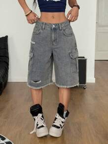 Coolane Casual losse denim shorts met wijde pijpen voor dames met meerdere klepzakken en gerafelde zoom