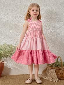 Blossori Young Girls' Elegant Loose Pink Patchwork Sleeveless Dress, Spring/Summer - Pink - View 4