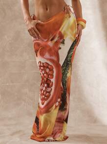 Musera Resort Fitted Chiffon Floaty Hem Fruit Floral Print Maxi Skirt Boho Ibiza Cute Sexy Vacation Summer Beach Swimwear Cover Up Spring - Multicolor - View 3