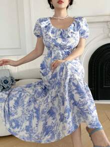 DAZY Women's Floral Print Ruffle Hem Long Sleeve Dress, Blue - Baby Blue - View 5