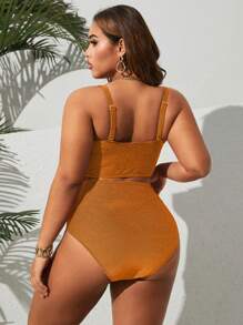 Swim Lushoire 2 件大码女式纯色可调节细肩带 V 领扭纹肩带上衣和不对称下装性感泳衣套装