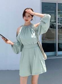 DAZY Blusa de hombros descubiertos y pantalones cortos de dos piezas para mujer - verde menta - Ver 3