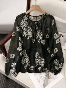 SHEIN 大码女式花卉刺绣提花长袖汉服风格上衣 - 黑色 - 查看 1